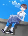  1girl artist_name black_shoes blue_eyes blue_necktie blue_pants blue_skirt blue_sky breasts closed_mouth cloud collarbone collared_shirt commentary day earrings eyelashes hair_between_eyes highres jewelry long_sleeves necktie original pants pants_under_skirt shadow shirt shoes short_hair sitting_on_wall skirt sky smile socks solo very_short_hair vyaradhita white_shirt white_socks 