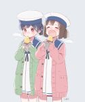  2girls black_hair blue_sailor_collar blush brown_eyes brown_hair cardigan closed_eyes commentary_request daitou_(kancolle) dress eating fang food green_cardigan grey_background hat hiburi_(kancolle) holding holding_food kantai_collection long_sleeves multiple_girls open_cardigan open_clothes open_mouth pink_cardigan ponytail roasted_sweet_potato sailor_collar sailor_dress sailor_hat short_hair short_ponytail siblings simple_background sisters sleeves_past_wrists sweet_potato totto_(naka) white_dress white_hat 