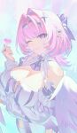  1girl ;) absurdres bare_shoulders black_wings breasts bridal_gauntlets cleavage commentary_request dress feathered_wings hair_intakes highres humugo large_breasts looking_at_viewer medium_hair one_eye_closed pink_hair pointy_ears purple_eyes remielle_dan smile solo white_dress wings zenless_zone_zero 