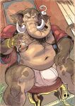 absurd_res anthro beverage body_hair bulge chest_hair cigarette clothing elephant elephantid grootslang hi_res holding_beverage holding_cigarette holding_glass holding_object hybrid male mammal markings minotaur_hotel navel nipples porchops proboscidean proboscis_(anatomy) reptile scalie snake solo spots spotted_body spotted_skin tail themba_(minotaur_hotel) trunk_(anatomy) tusks underwear