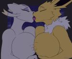 2026 animated animated_gif anthro areola big_breasts breast_squish breasts breasts_frottage duo eeveelution electricity eyebrows eyelashes eyes_closed female female/female female_anthro fingers french_kissing generation_1_pokemon generation_5_pokemon huge_breasts jolteon khanyvor kissing lightning mienshao nintendo nipples nipples_touching open_mouth pokemon pokemon_(species) raining short_playtime squish white_body yellow_body