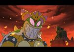 anthro back_spikes black_bars bowletta breasts castle collar crown destruction female fire hair headgear horn koopa letterbox lips mario_and_luigi_(series) mario_bros nintendo pink_eyes red_hair red_sky scalie sharp_teeth shell sky smile smiling_at_viewer solo spiked_shell spikes spikes_(anatomy) super_crown superstar_saga teeth unknown_artist