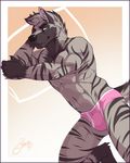  2015 5_fingers anthro black_fur bulge clothing feralise fur green_eyes grey_fur hyena looking_at_viewer male mammal muscles navel pose smile solo striped_hyena stripes underwear 