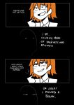  1girl 1other black_background blush clinickcase collared_shirt english_commentary english_text fate/grand_order fate_(series) fujimaru_ritsuka_(female) hair_behind_ear half-closed_eyes highres looking_down one_side_up open_mouth orange_hair pointing pointing_at_self shirt smile 