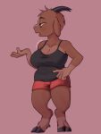 3:4 5_fingers anthro artist_name athletic belly big_breasts black_clothing black_eyes black_hooves black_horn bottomwear bovid breasts brown_body brown_fur butt caprine clothing cloven_hooves colored curvy_figure curvy_horns deltoids dialogue eyebrows eyelashes female fingers fluffy fur goat hair hand_on_hip head_tuft hi_res hooves horn huge_breasts kirymaster lips long_ears looking_aside makeup mammal natural_breasts nipple_outline open_mouth pink_background pink_tongue raised_arm red_clothing sagging_breasts shaded short short_hair shorts shortstack shortstack_female simple_background size_difference slightly_chubby smaller_female solo standing text thick_lips thick_thighs tongue tuft vein veiny_breasts