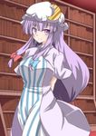  arms_behind_back crescent dress hat library patchouli_knowledge purple_eyes purple_hair sena_kizahashi smile solo striped touhou vertical-striped_dress vertical_stripes 