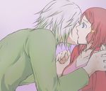  1boy 1girl blue_eyes breasts dezel_(tales) grey_hair hair_ornament kiss multicolored_hair pink_background red_hair rose_(tales) short_hair simple_background tales_of_(series) tales_of_zestiria 