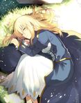  artoria_pendragon_(all) blonde_hair blue_dress dress fate/stay_night fate_(series) feet_out_of_frame fetal_position grass green_eyes hair_down highres light_smile long_hair looking_at_viewer lying on_side saber sanae_(satansanae) solo 