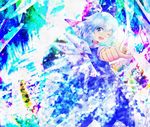  blue_dress blue_hair bow cirno colorful crystal dress hair_bow ice ice_wings kuromochi_(qkbhf073) looking_at_viewer looking_to_the_side one_eye_closed open_mouth pointing short_hair solo teeth tongue touhou wings 