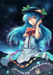  absurdres blue_hair bow dress food fruit hat highres hinanawi_tenshi layered_dress leaf light_particles long_hair looking_at_viewer night night_sky peach petals red_eyes ribbon sanwood_mori sky smile solo touhou upskirt 