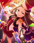  alternate_costume artist_request band_uniform brown_hair cape confetti epaulettes flag gloves hat idolmaster idolmaster_cinderella_girls koseki_reina long_hair marching_melodies microphone musical_note official_art purple_eyes shako_cap solo 