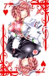  bandaged_arm bandages breasts card card_(medium) chinese_clothes double_bun dual_persona flower hand_on_hip heart highres ibaraki_kasen juliet_sleeves large_breasts long_sleeves looking_at_viewer pink_eyes pink_hair playing_card puffy_short_sleeves puffy_sleeves rose rotational_symmetry short_hair short_sleeves tabard touhou yoiti 