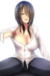  1girl black_pants blush breasts brown_hair collarbone collared_shirt dress_shirt grey_eyes hair_over_one_eye highres large_breasts long_hair long_sleeves looking_at_viewer nidaime_(doronbo) no_bra open_clothes open_mouth open_shirt original pants shirt simple_background sitting solo spread_legs undressing white_background white_shirt 