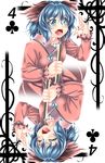  animal_ears aqua_eyes aqua_hair bamboo_broom blue_hair blush broom card card_(medium) closed_eyes dress dual_persona fangs green_eyes highres kasodani_kyouko open_mouth playing_card rotational_symmetry short_hair smile touhou yoiti 