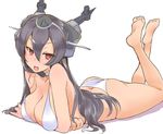  arm_support ass bare_legs bare_shoulders barefoot bikini black_hair blush breasts feet hair_between_eyes headgear highres kantai_collection large_breasts legs_up long_hair looking_at_viewer lying nagato_(kantai_collection) on_stomach red_eyes simple_background solo swimsuit the_pose ueda_torini very_long_hair white_background white_bikini 