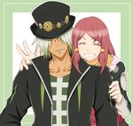  1girl belt coat dezel_(tales) eyes_closed green_background green_hair grin hair_ornament hat hood jacket multicolored_hair open_mouth red_hair rose_(tales) scarf sharp_teeth simple_background smile tales_of_(series) tales_of_zestiria v 