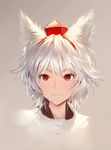  albino animal_ears closed_mouth face grey_background hat inubashiri_momiji looking_to_the_side matsuda_(matsukichi) portrait red_eyes short_hair simple_background smile solo tokin_hat touhou upper_body white_hair wolf_ears 