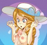  blue_eyes blush breast_squeeze breasts brown_hair cum cum_on_body cum_on_breasts cum_on_fingers cum_on_upper_body disembodied_penis drill_hair facial hat hmage lady_(pokemon) large_breasts long_hair nipples paizuri penis pokemon pokemon_(game) pokemon_frlg solo_focus sun_hat twin_drills 