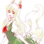  bow collarbone dress ex-keine fang green_dress green_hair horn_ribbon horns kamishirasawa_keine long_hair looking_at_viewer multicolored_hair open_mouth puffy_sleeves red_eyes ribbon short_sleeves silver_hair six_(fnrptal1010) smile solo tail touhou two-tone_hair 