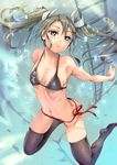  :&lt; absurdres air_bubble bikini black_legwear breasts bubble green_eyes green_hair highres holding_breath kantai_collection ladder navel outstretched_arms ribbon-trimmed_legwear ribbon_trim ribs satou_daiji side-tie_bikini small_breasts solo submerged swimsuit thighhighs twintails underwater zuikaku_(kantai_collection) 
