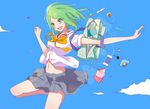 :d blue_sky candy day food gnosis_(ylyk) green_eyes green_hair groin gumi highres midriff navel open_mouth skirt sky smile solo summer vocaloid 