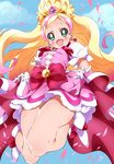  :d absurdres blonde_hair blush cloud cure_flora day go!_princess_precure gradient_hair green_eyes haruno_haruka highres long_hair looking_at_viewer multicolored_hair niko_(tama) open_mouth petals pink_hair precure sky smile solo thighs two-tone_hair 