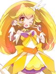  ;d bare_shoulders blonde_hair blush choker color_connection cosplay cure_peace cure_twinkle cure_twinkle_(cosplay) double_v earrings go!_princess_precure hair_flaps haru_(nature_life) jewelry kise_yayoi long_hair looking_at_viewer magical_girl one_eye_closed open_mouth ponytail precure simple_background skirt smile smile_precure! solo star star_earrings tiara v white_background wrist_cuffs yellow yellow_skirt 