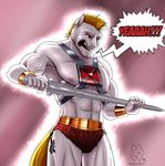  2015 abs anthro anthrofied armor blonde_hair bulk_biceps_(mlp) cutie_mark dialogue english_text equine friendship_is_magic gold_(metal) hair horse male mammal melee_weapon muscles my_little_pony mykegreywolf piercing pony red_eyes solo sword text unconvincing_armor weapon 