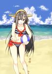  animal_print ball beach beachball bikini black_hair blue_sky breasts brown_eyes cloud collarbone cowboy_shot day footprints frilled_bikini frills front-tie_bikini front-tie_top gurifu hair_ornament hairband hairclip haruna_(kantai_collection) headgear holding kantai_collection long_hair looking_at_viewer medium_breasts open_mouth outdoors outstretched_hand side-tie_bikini sky smile solo striped striped_bikini swimsuit zebra_print 