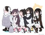 5girls :d bird bird_tail black_hair boots brown_eyes commentary_request drawstring emperor_penguin_(kemono_friends) gentoo_penguin_(kemono_friends) grape-kun hair_over_one_eye hand_on_another&#039;s_shoulder headphones hood hood_down hoodie humboldt_penguin_(kemono_friends) kemono_friends long_hair low_twintails multicolored_hair multiple_girls open_mouth orange_hair penguin pink_hair rockhopper_penguin_(kemono_friends) royal_penguin_(kemono_friends) seto_(harunadragon) short_hair simple_background smile twintails twitter_username walking white_hair younger 