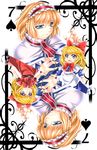  alice_margatroid blonde_hair blue_eyes bow capelet card card_(medium) dress hair_bow hairband highres hourai_doll playing_card puppet_rings ribbon rotational_symmetry shanghai_doll spade_(shape) touhou yoiti 