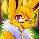  2015 ambiguous_gender bush candyfoxy day eeveelution eyewear feral forest fur glasses grass happy jolteon looking_at_viewer neck_tuft necklace nintendo open_mouth pok&eacute;mon red_eyes shiny smile solo tongue tree tuft video_games volty white_fur yellow_fur 