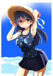  black_hair brown_eyes hat kantai_collection long_hair one-piece_swimsuit passevo polka_dot polka_dot_swimsuit skirt solo sun_hat swimsuit ushio_(kantai_collection) 