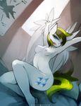  2015 anthro anthrofied bed blonde_hair breasts cutie_mark cyan_eyes equine fan_character female friendship_is_magic fur hair horse looking_at_viewer mammal my_little_pony navel nipples nude open_mouth pegasus pony sitting solo stretching white_fur wings yawn zero-sum 