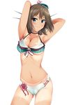  adapted_costume armpits bikini blue_eyes breasts brown_hair hat highres kantai_collection labia large_breasts maya_(kantai_collection) mini_hat nksk remodel_(kantai_collection) short_hair simple_background solo swimsuit tan tanline 