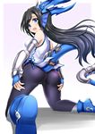  ass black_hair black_legwear blue_eyes chinese_clothes dragon_tail fingerless_gloves foreshortening gloves head_fins horns karin_(p&amp;d) kneeling long_hair minato_yoshihiro open_mouth pantyhose puzzle_&amp;_dragons solo tail 