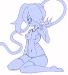  1girl blush hair_over_one_eye leviathan_(skullgirls) misaki_naoe monochrome side_ponytail simple_background skullgirls squigly_(skullgirls) stitched_mouth swimsuit thighhighs zombie 