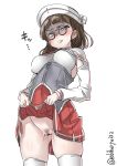  1girl blush breasts brown_eyes brown_hair censored cowboy_shot disgust ebifurya glasses gluteal_fold groin hat highres kantai_collection lifted_by_self long_hair long_sleeves looking_at_viewer medium_breasts no_panties pince-nez pleated_skirt pubic_hair pussy red_skirt roma_(kantai_collection) shaded_face short_hair simple_background skirt skirt_lift solo standing thighhighs translation_request twitter_username white_background white_legwear 