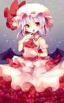  ascot bat_wings dress finger_to_mouth frilled_dress frills fuiyu_(feuille0818) gradient gradient_background hat hat_ribbon lavender_hair layered_dress looking_at_viewer mob_cap open_mouth pink_dress puffy_sleeves red_eyes remilia_scarlet ribbon sash short_hair short_sleeves solo tongue touhou wings wrist_cuffs 