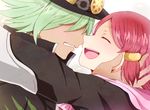  1girl blush breasts coat dezel_(tales) eyes_closed gradient gradient_background green_hair hair_ornament hat hood jacket open_mouth red_hair rose_(tales) short_hair tales_of_(series) tales_of_zestiria 