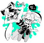  2girls :d aori_(splatoon) arms_up bad_id bad_twitter_id blush breasts cleavage closed_eyes collarbone cousins detached_collar domino_mask dress earrings eighth_note fang fangs food food_on_head gloves hair_rings hands_on_own_head hikimayu hotaru_(splatoon) jewelry long_hair mask mole mole_under_eye multiple_girls musical_note object_on_head open_mouth paint paint_splatter pointy_ears short_hair short_jumpsuit simple_background sitting small_breasts smile sparkle speech_bubble splatoon_(series) splatoon_1 strapless strapless_dress sushi symbol-shaped_pupils tentacle_hair unitard white_background yousuke_(yosk) 