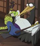  2015 avian beak bird blush clothing coiling crane digital_media_(artwork) eye_contact inside kung_fu_panda legs_up long_neck lying master_crane master_viper mcfan on_back pants reclining reptile scalie signature snake spread_legs spreading teasing tenting tongue tongue_out 