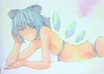  arm_support bikini blue_eyes blue_hair bow breasts cirno grey_background hair_bow looking_at_viewer looking_to_the_side lying on_side short_hair small_breasts solo swimsuit touhou traditional_media upper_body watercolor_(medium) wings yuyu_(00365676) 