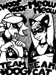  armpits blush callie_(splatoon) cleavage clothed clothing collar duo english_text female gloves inkling looking_at_viewer marie_(splatoon) monochrome nintendo raised_arm splatoon text video_games 