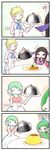  1girl 4koma beamed_sixteenth_notes black_hair blonde_hair closed_eyes comic commentary_request cup drinking_glass elite_four food fork fruit gallade gardevoir gen_3_pokemon gen_4_pokemon hair_ornament highres knife lemon mache_(pokemon) md5_mismatch mega_gardevoir mega_pokemon musical_note napkin nervous plate pokemon pokemon_(creature) pudding purple_eyes salmon smile sougetsu_(yosinoya35) sparkle sweat translation_request tray wine_glass zumi_(pokemon) 