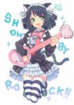  animal_ears bell black_hair blush cat_ears cat_tail curly_hair cyan_(show_by_rock!!) gothic_lolita green_eyes guitar hajime_kaname highres instrument lolita_fashion looking_at_viewer open_mouth short_hair show_by_rock!! smile solo striped striped_legwear tail thighhighs 