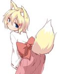  animal_ears blonde_hair blue_eyes fox_ears fox_tail hair_ornament hairclip hakama haori japanese_clothes looking_at_viewer looking_back miko natsu_no_koucha original pink_hakama ribbon-trimmed_sleeves ribbon_trim short_hair sketch solo tail 