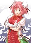  bandages bun_cover chinese_clothes crossed_arms double_bun flower fuuzasa highres ibaraki_kasen index_finger_raised one_eye_closed open_mouth pink_eyes pink_hair rose short_hair skirt solo tabard touhou 