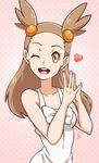  brown_hair gradient gradient_background gym_leader hair_ornament happy mikan_(pokemon) pokemon pokemon_(game) pokemon_gsc polka_dot_background smile solo 