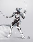  2013 anthro blue_scales clothed clothing dragon drayk drayk_dagger english_text grey_background grey_scales horn kalnareff legwear male melee_weapon plain_background pose scalie solo spikes suit sword text weapon yellow_eyes 